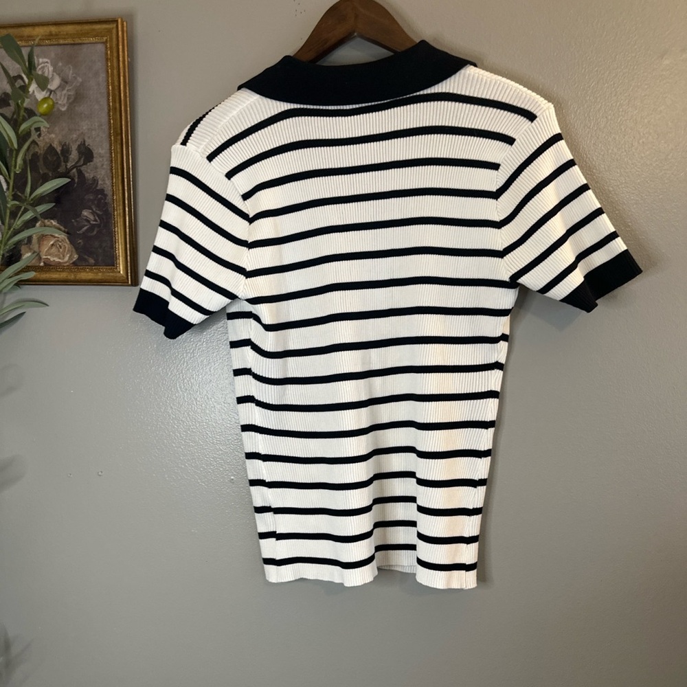 Ivicoer Black White Striped Ribbed Knit Polo Top XL French Girl Coastal Preppy - Picture 3 of 7